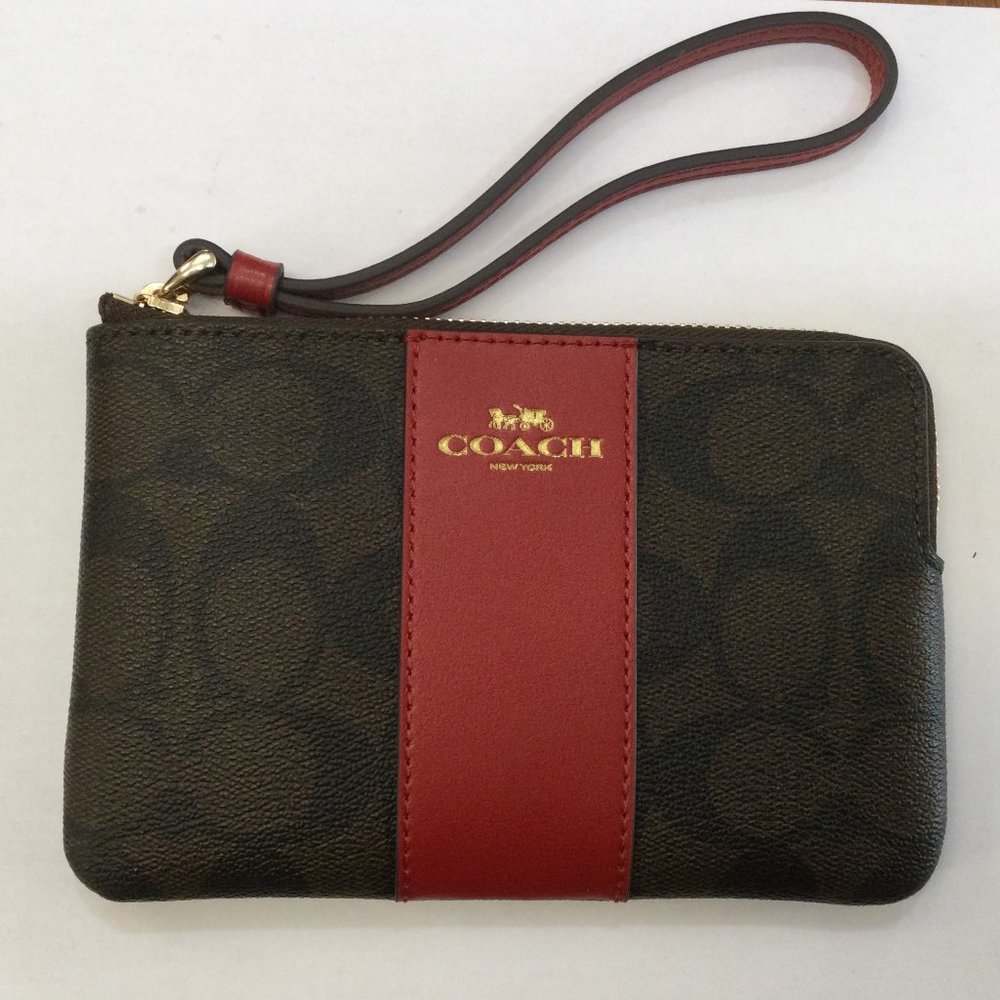 Coach NWT Authentic Woman's Corner Zip Wristlet Signature PVC Brown/1941 Red